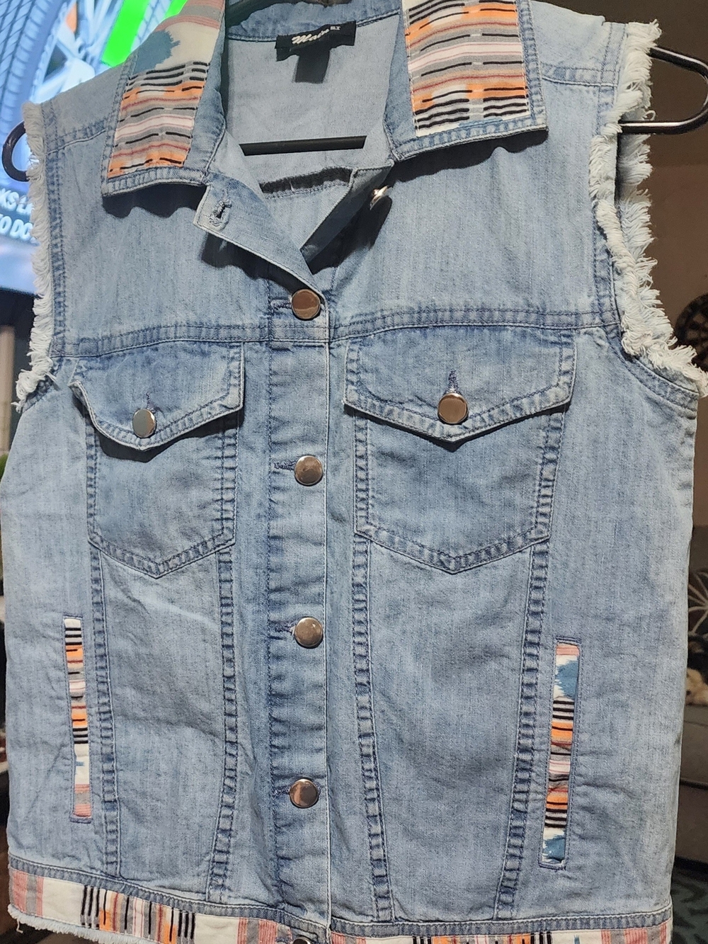 Light Wash Denim Sleeveless Vest with Striped Trim Sz SM